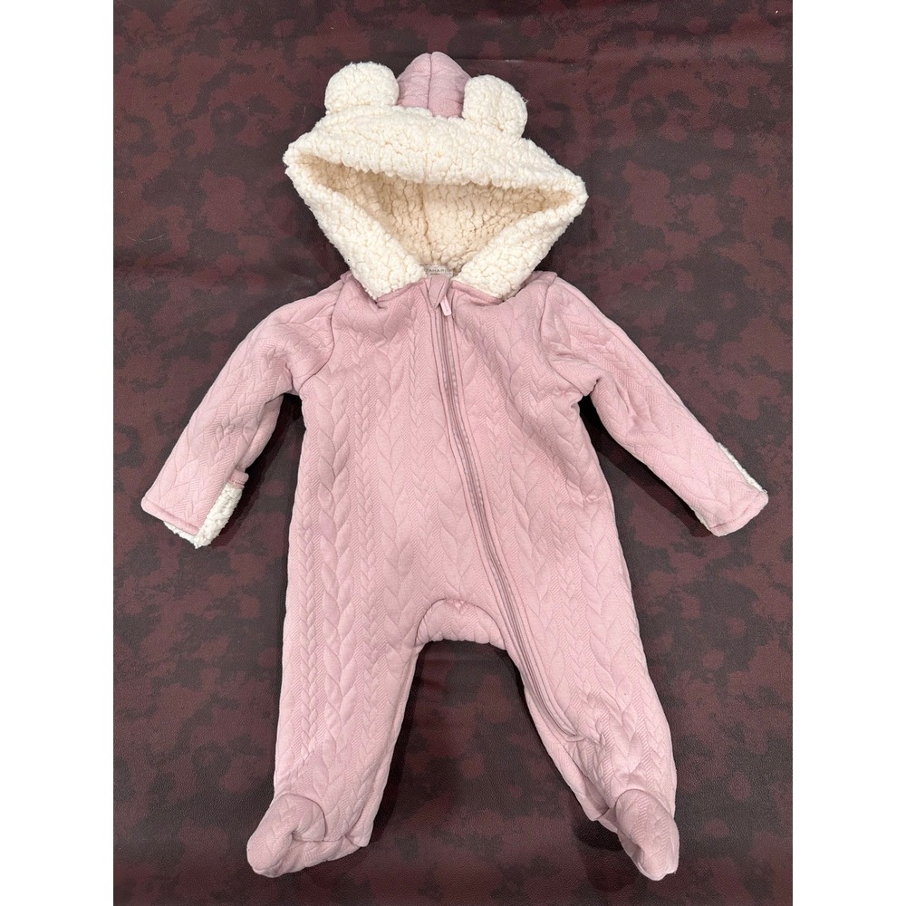 Tahari Baby Pink Quilted Cable Knit Sherpa Hooded Pram Suit‎ Bear Ears 3-6M